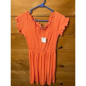 POOF‎ NEW YORK Orange Smocked Off The Shoulder Ruffle Sleeve Dress Lg Flowy Boho